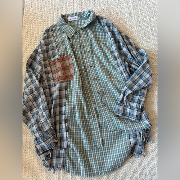 Urban Outfitters Tops - Boutique Distressed Flannel Button Up Top Blue / Green / Orange Graffiti Medium